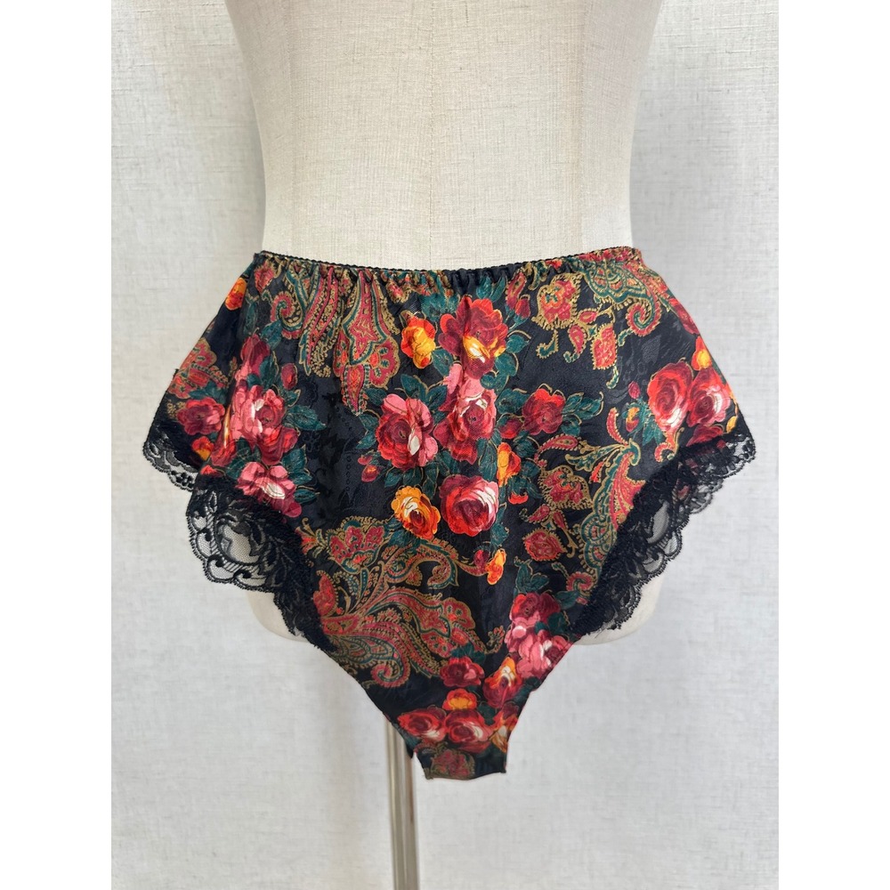 90s Delicates Floral Paisley Black Red Satin Lace Trim High Cut Bottoms Sz Small